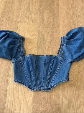 Rehab Lab woman’s Denim Puff-Sleeve blue Corset Top M sexy chic stretch back zip